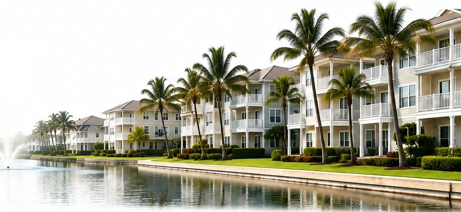 Waterfront community lined with palm trees